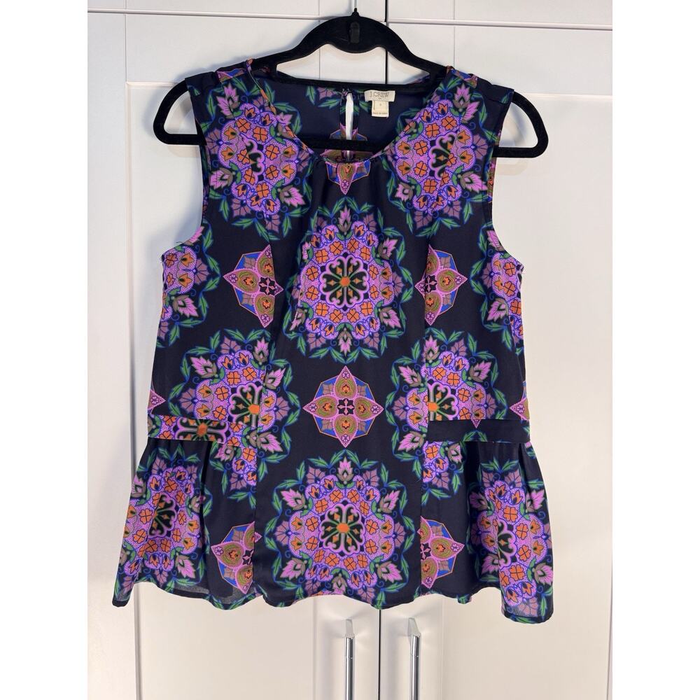 J. Crew Navy Colorful Damask Mirror Image Peplum Hem Top Tank Blouse Sz 6 Preppy